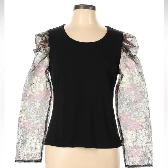 Design History Black Floral Sheer Organza Puff Sleeve Blouse Top Size Large NWT - Picture 7 of 7